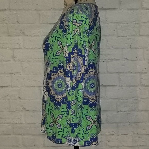 Talbots Shirt Womens Blue Green Geometric Pattern 3/4 Sleeve Pima Cotton, Size L - Picture 2 of 6
